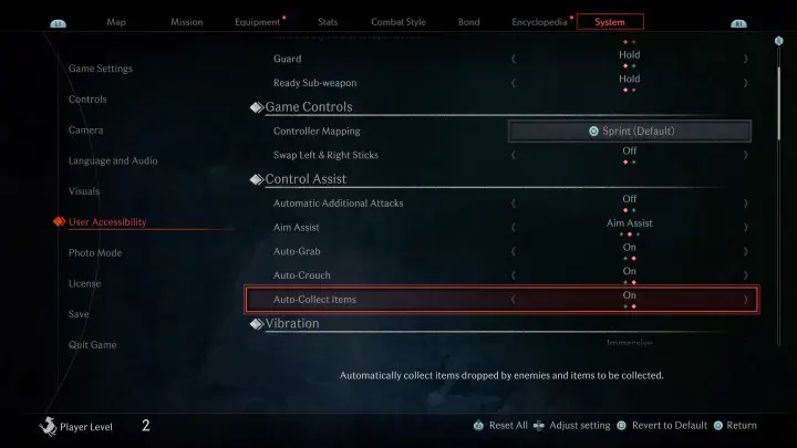 Как включить автоматический подбор предметов в Rise of the Ronin